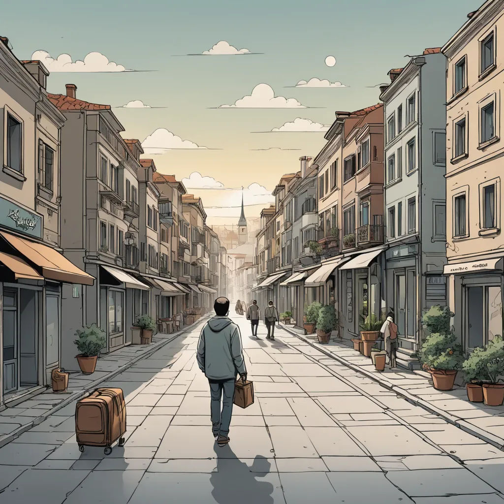 a man walking down a street with a suitcase in his hand and a clock tower in the distance behind him, magical realism, a comic book panel, Asaf Hanuka, graphic novel