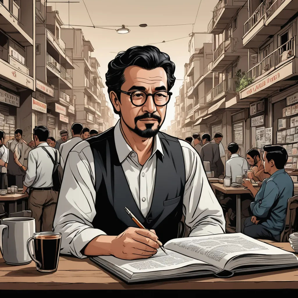 a man sitting at a table with a book and pen in his hand and a cup of coffee in front of him, private press, a comic book panel, Asaf Hanuka, graphic novel