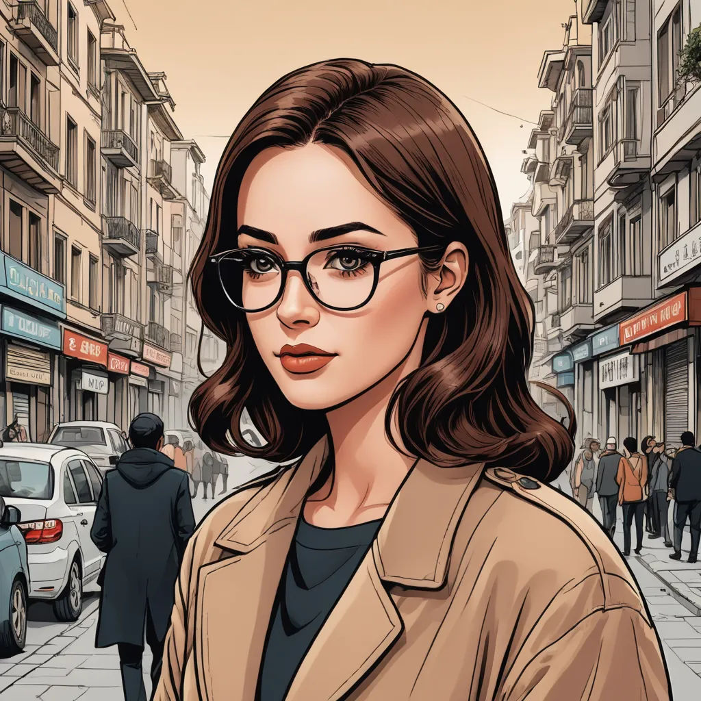 a woman with glasses standing on a street corner in a city with people walking by and a car parked on the side of the street, serial art, a comic book panel, Alena Aenami, graphic novel