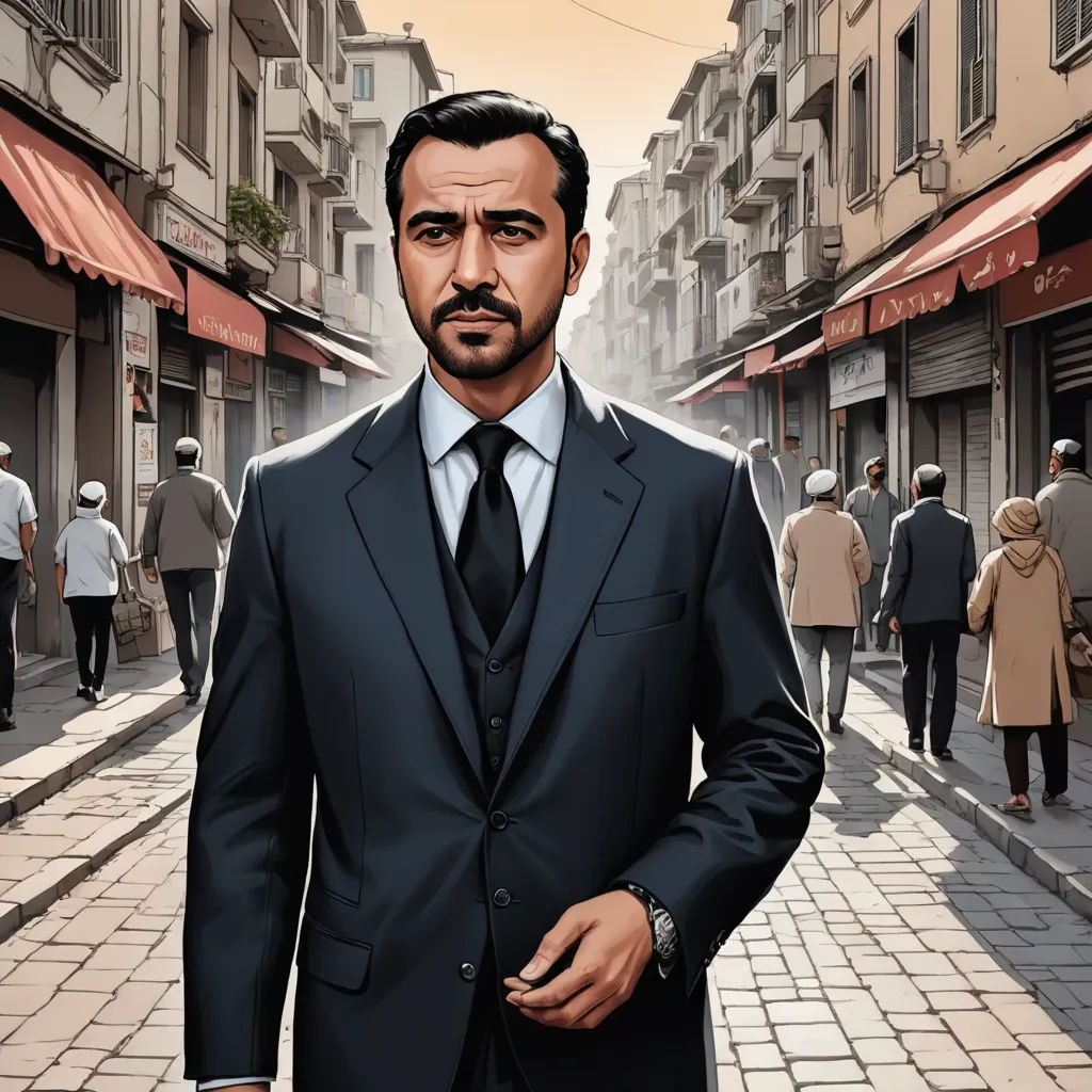 a man in a suit and tie walking down a street with people walking by on either side of him, serial art, a character portrait, Altoon Sultan, character portrait