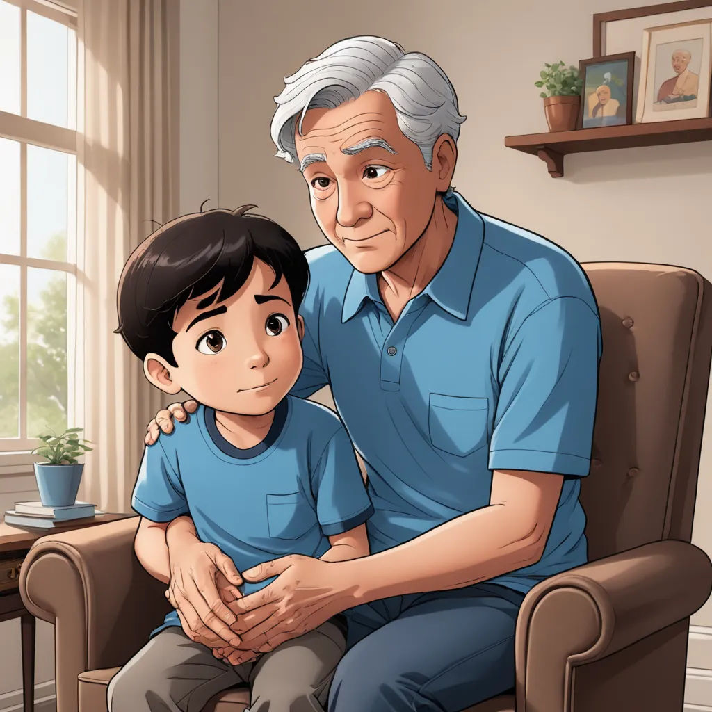 a man and a boy sitting in a chair together in front of a window with a potted plant, sots art, a storybook illustration, Cliff Childs, storybook illustration