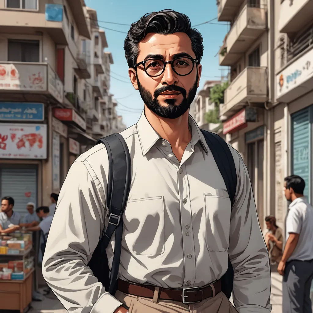 a man with a backpack and glasses standing in the street of a city with people walking around him and buildings, serial art, a character portrait, Asaf Hanuka, character portrait