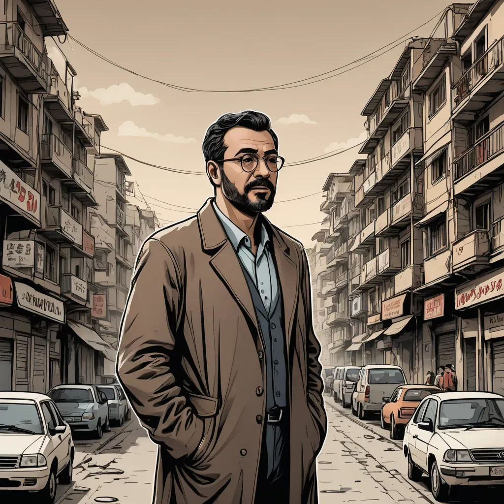 a man in a coat and glasses standing on a street in front of a row of buildings with cars, serial art, a character portrait, Asaf Hanuka, graphic novel