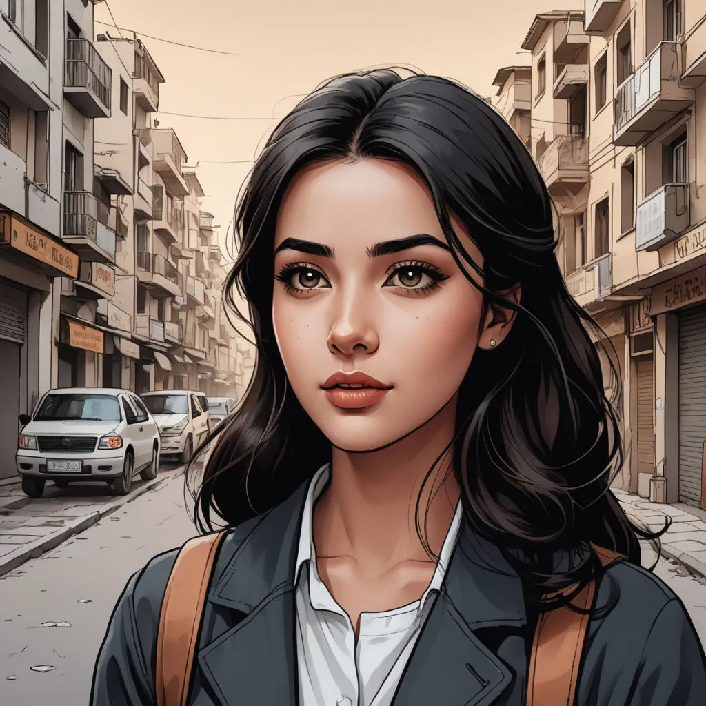a woman with a backpack on a city street with buildings in the background and a car parked on the street, photorealism, a comic book panel, Alena Aenami, city background