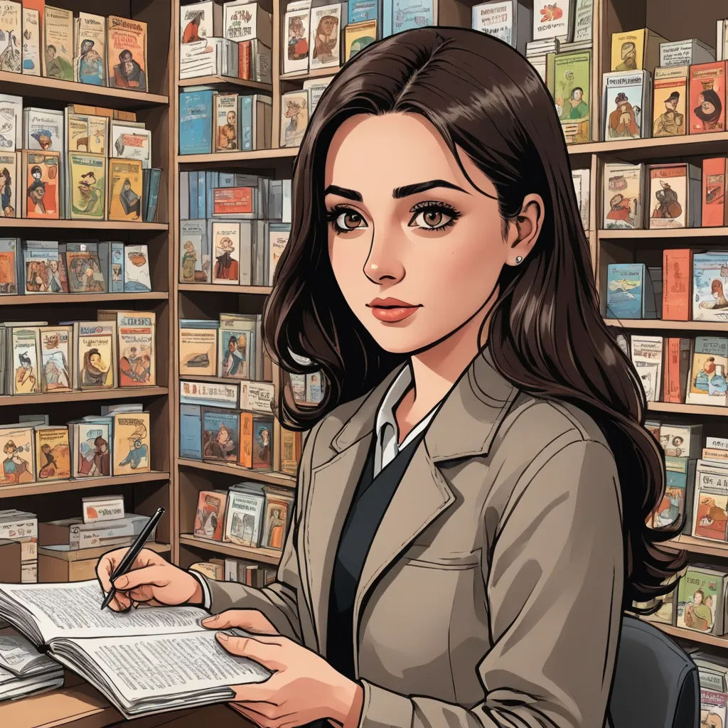 a woman sitting at a desk in front of a book shelf filled with books and papers, writing on a clipboard, academic art, a comic book panel, Artgerm, comic book