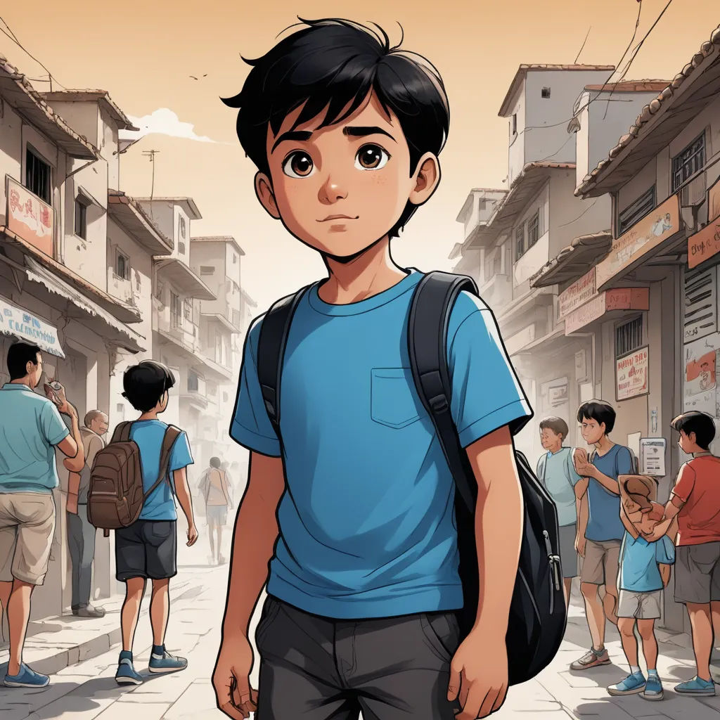 a boy with a backpack standing in front of a crowd of people on a street with buildings in the background, photorealism, a comic book panel, Asaf Hanuka, graphic novel