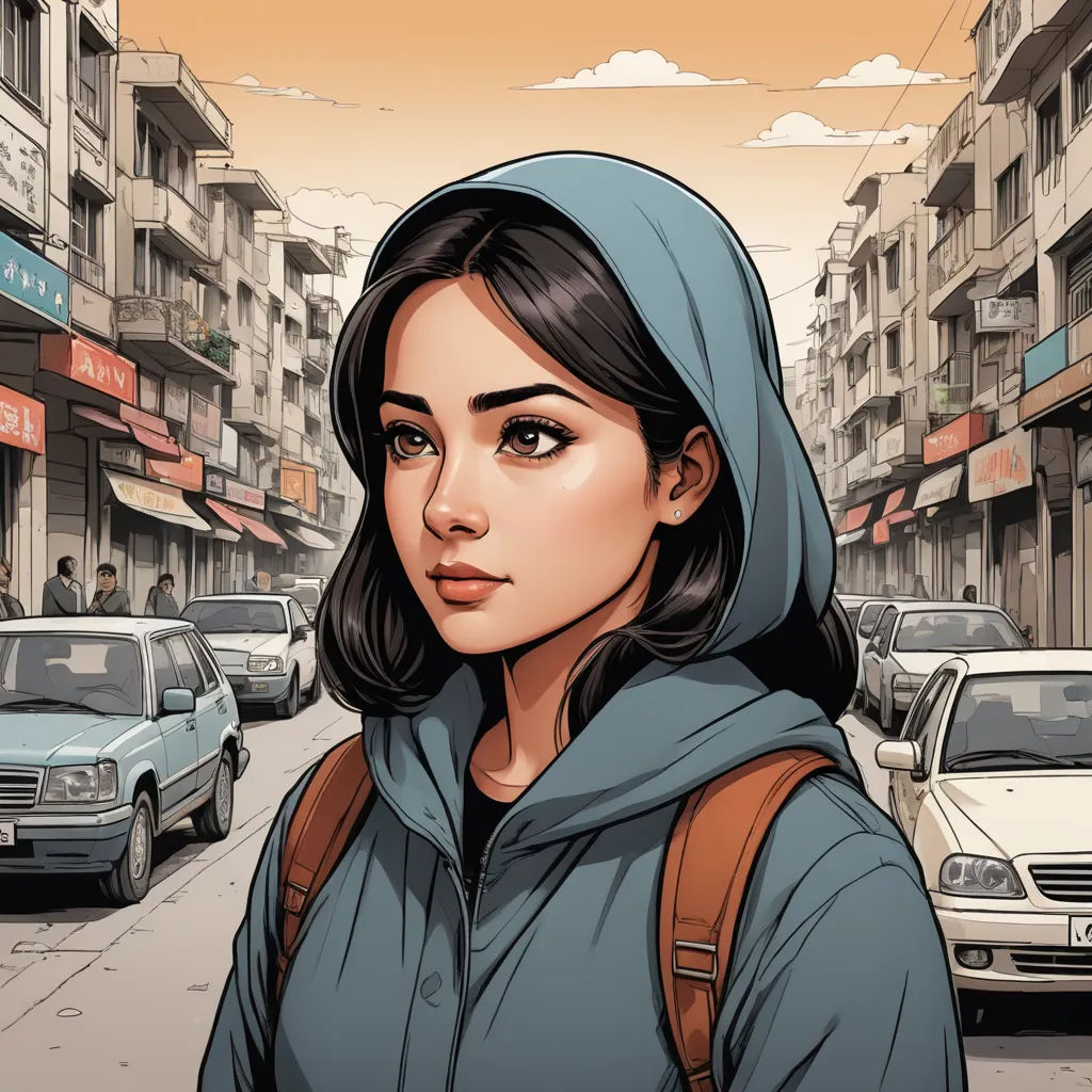 a woman in a hooded jacket is standing in the street with cars and buildings in the background and a street sign in the foreground, serial art, a comic book panel, Artgerm, comic cover art