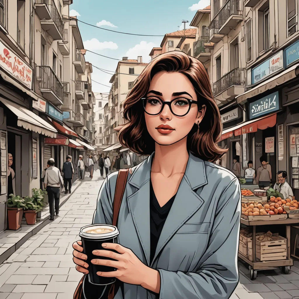 a woman in glasses holding a cup of coffee on a city street with buildings and people in the background, serial art, a comic book panel, Asaf Hanuka, high detail illustration