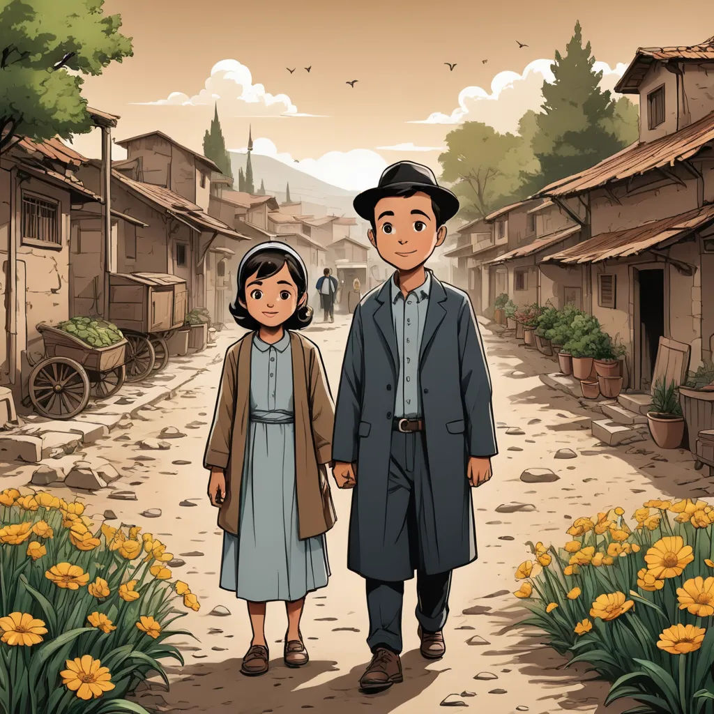 a man and a woman are walking down a street in a village with flowers and buildings on either side, serial art, a storybook illustration, Diego Gisbert Llorens, official art