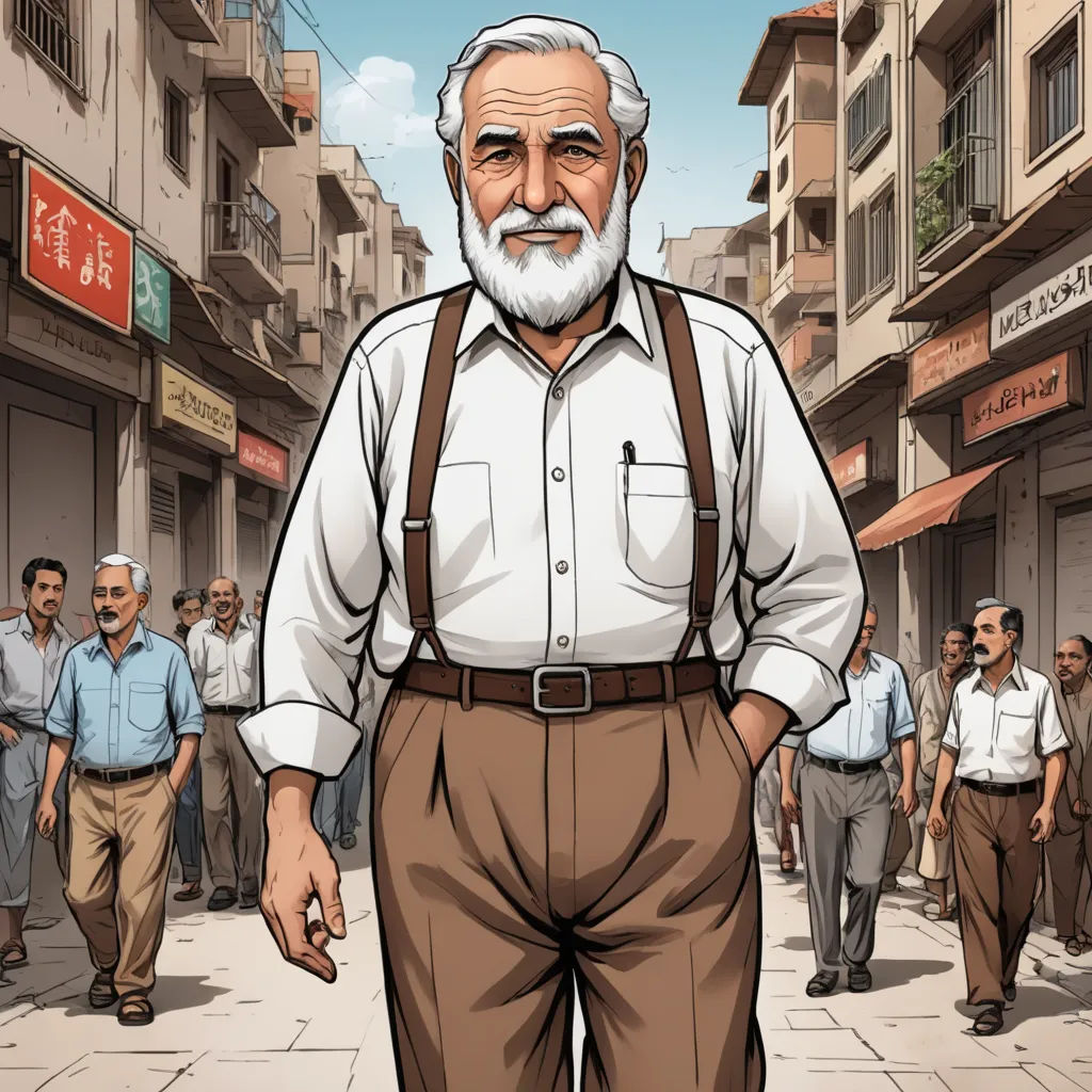a man with a beard and suspenders is walking down the street in front of a crowd of people, socialist realism, a character portrait, Asaf Hanuka, official art