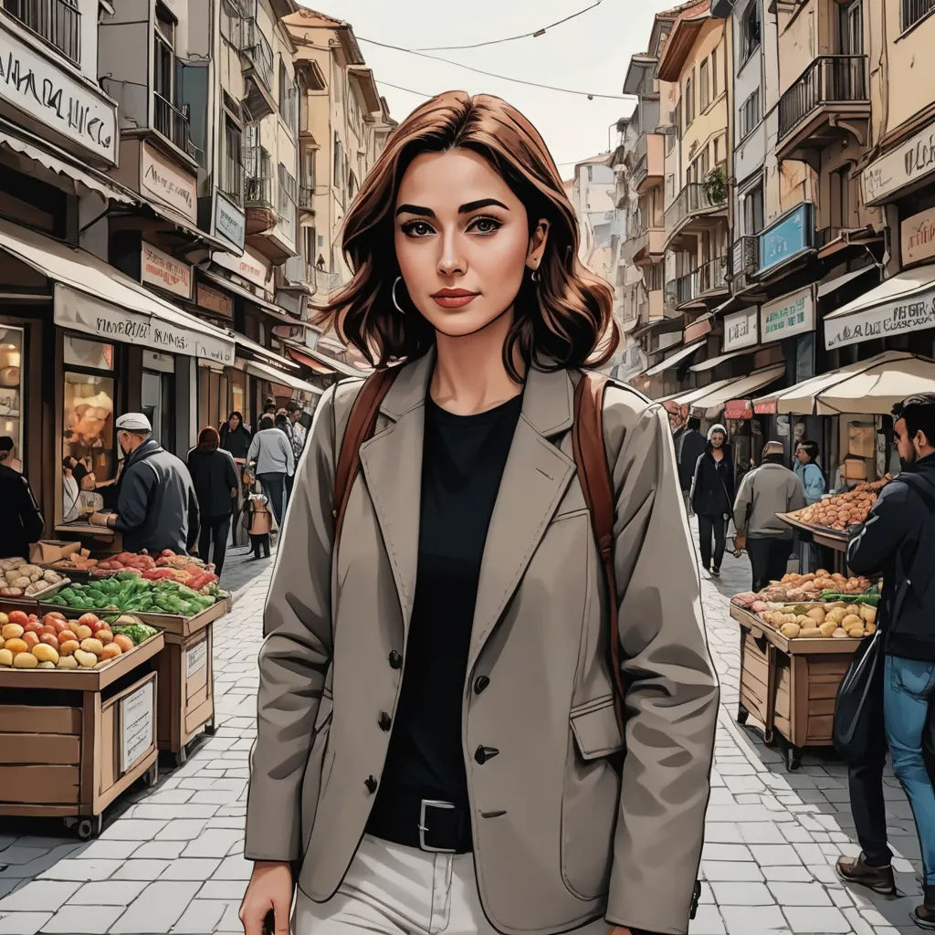 a woman standing in a street with a bunch of fruit on display in the background and people walking around, hyperrealism, a comic book panel, Ayshia Taşkın, highly detailed digital painting