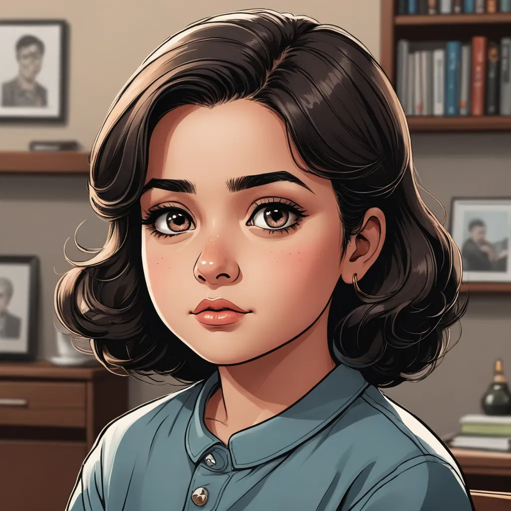 a cartoon of a woman with a blue shirt on and a bookcase in the background with books on the shelves, sots art, a character portrait, Elina Karimova, character portrait