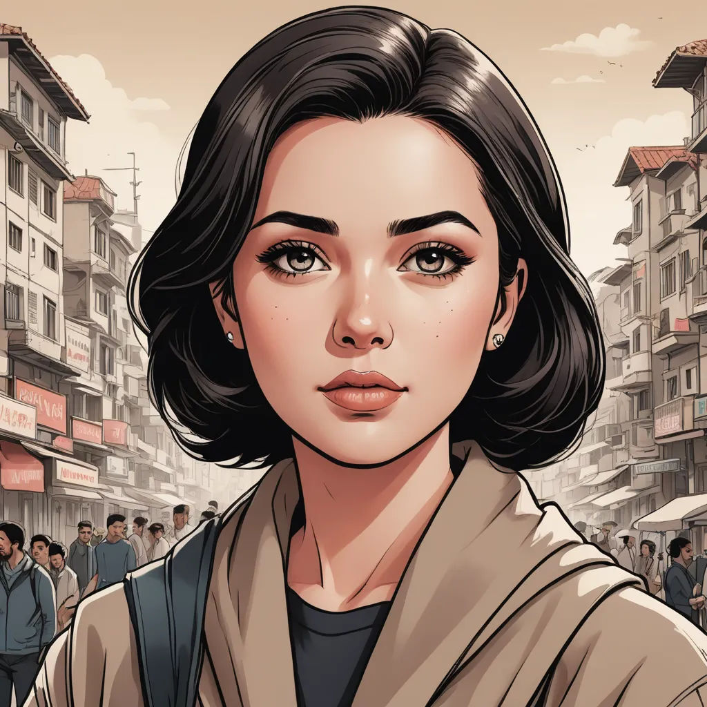a woman with a brown jacket and a crowd of people in the background is looking at the camera and has a serious look on her face, photorealism, a character portrait, Artgerm, stanley artgerm lau