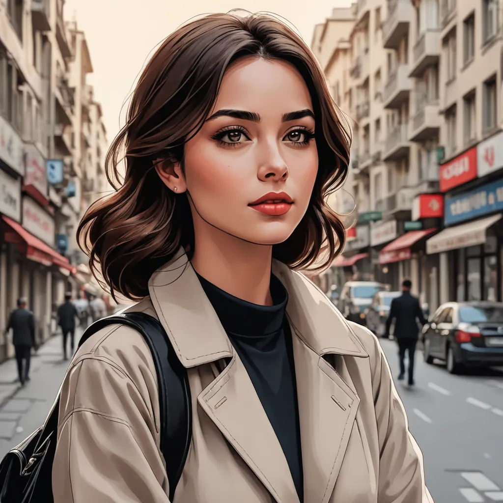 a woman in a trench coat is standing on a street corner with a city street in the background and a man walking down the street, figurative art, a detailed painting, Alena Aenami, stanley artgerm lau