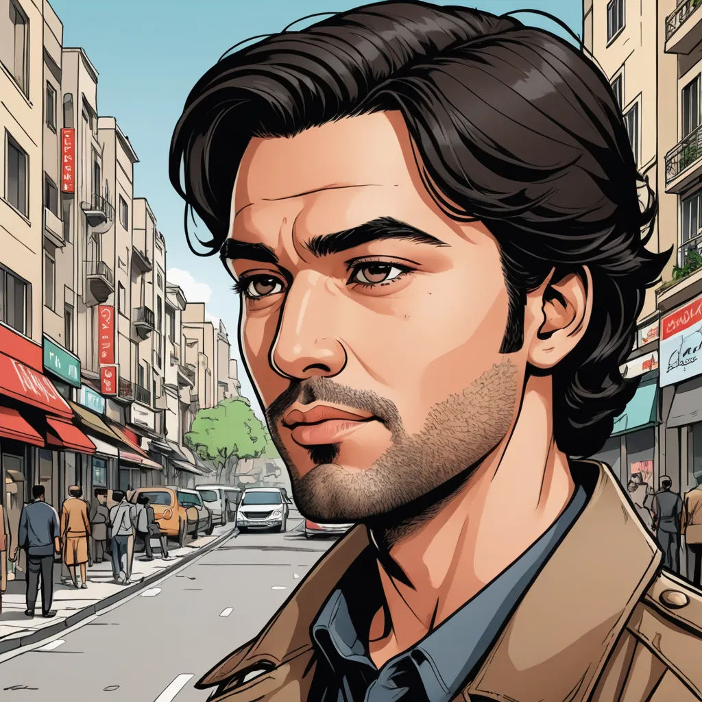 a man in a brown jacket is standing on a street corner with a city in the background and a red awning, serial art, a character portrait, Cedric Seaut (Keos Masons), graphic novel
