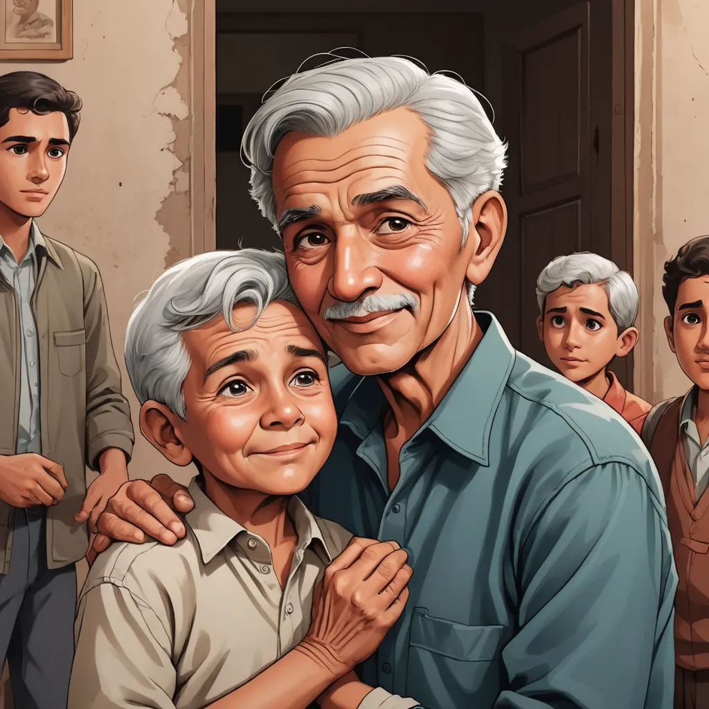 a painting of a man hugging a child with other men in the background, one of them is older, fantastic realism, a comic book panel, F Scott Hess, official art