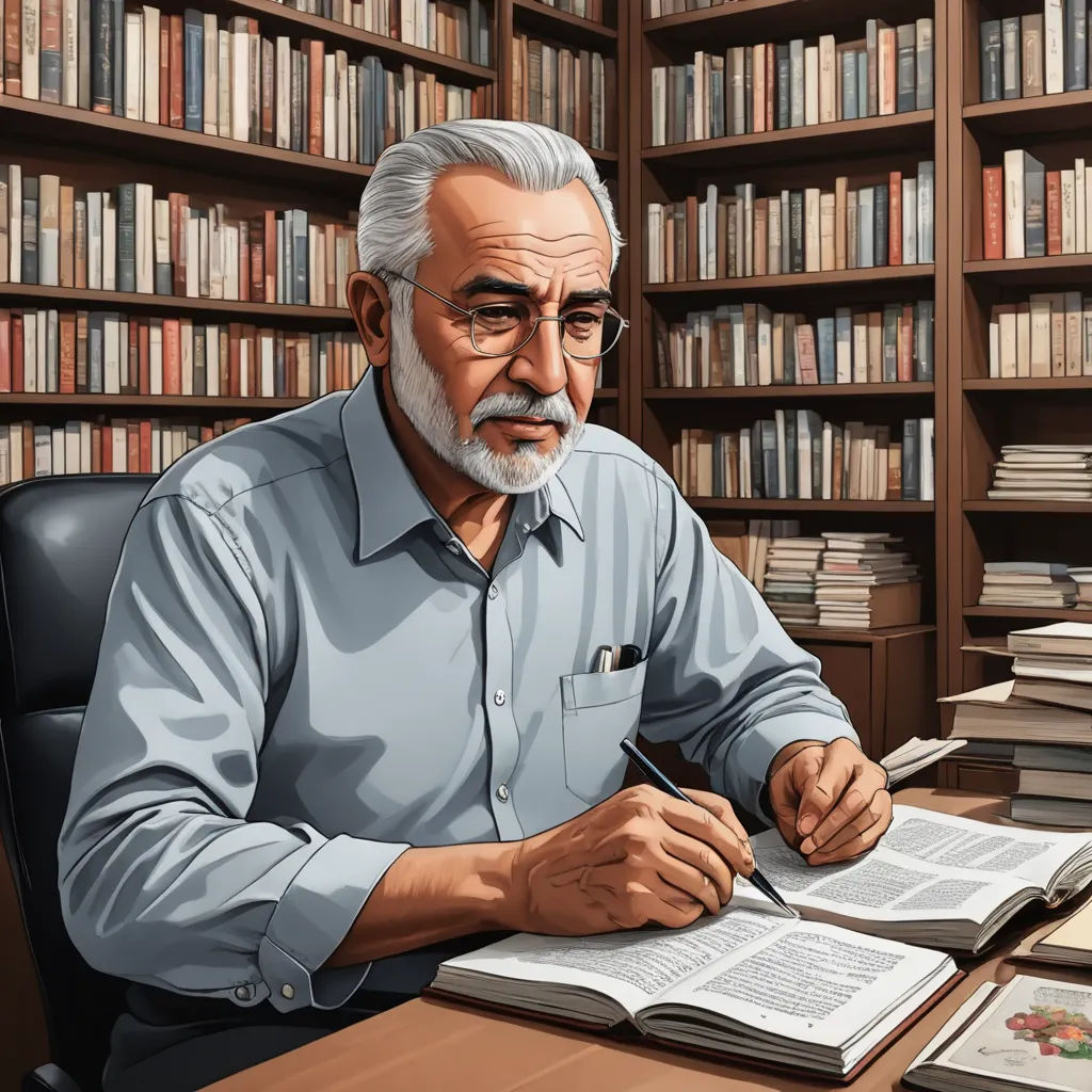 a man sitting at a desk with a book in front of him and a bookcase full of books behind him, academic art, an ultrafine detailed painting, Ahmed Karahisari, professional digital painting