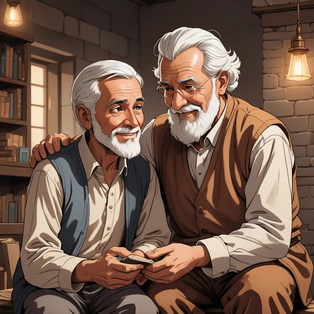 two older men sitting next to each other on a couch in a room with a book shelf and a lamp, private press, a storybook illustration, Brothers Hildebrandt, official art