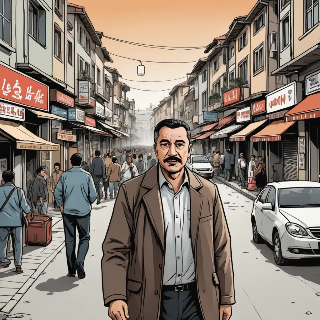 a man walking down a street in a city with cars and people walking by on the sidewalk and buildings, serial art, a character portrait, Asaf Hanuka, graphic novel
