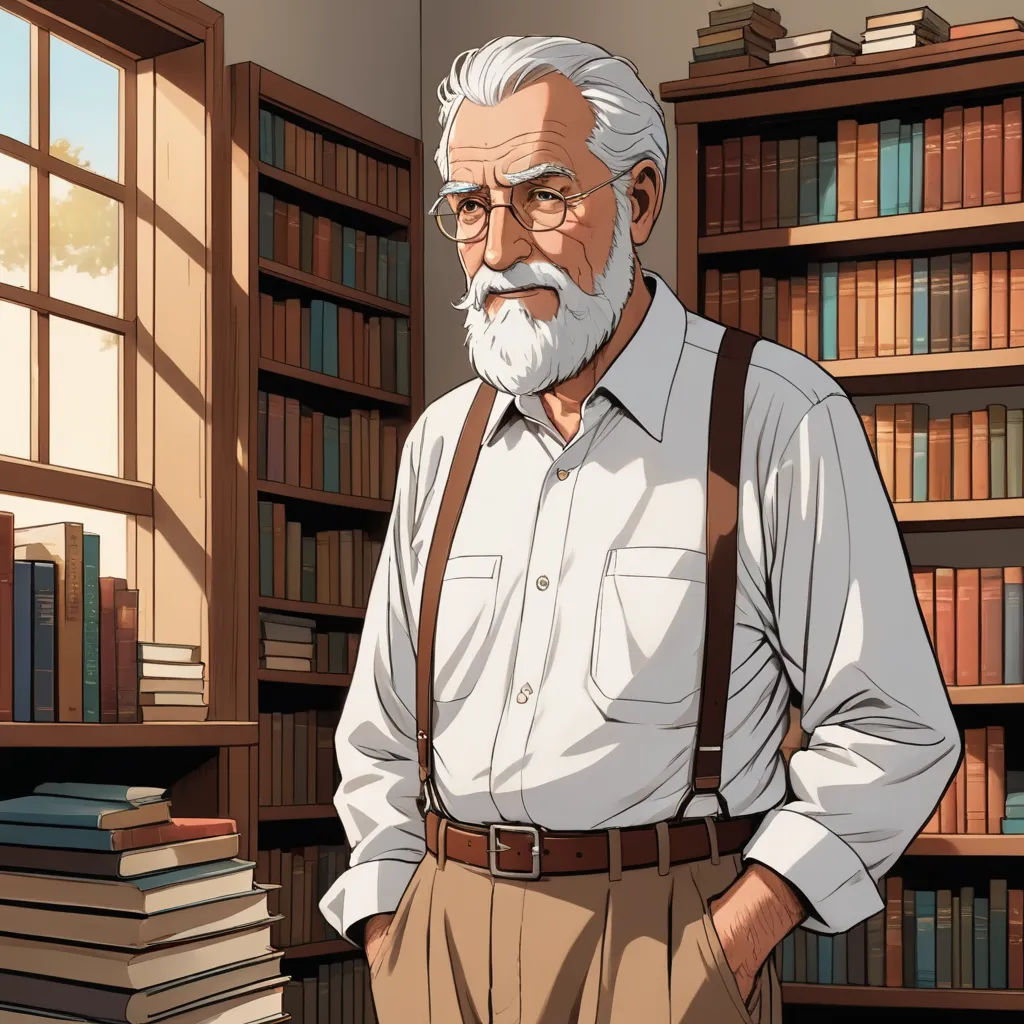 a man with a beard and glasses standing in front of a bookcase with books on it and a window, academic art, a character portrait, Ernest Briggs, official art