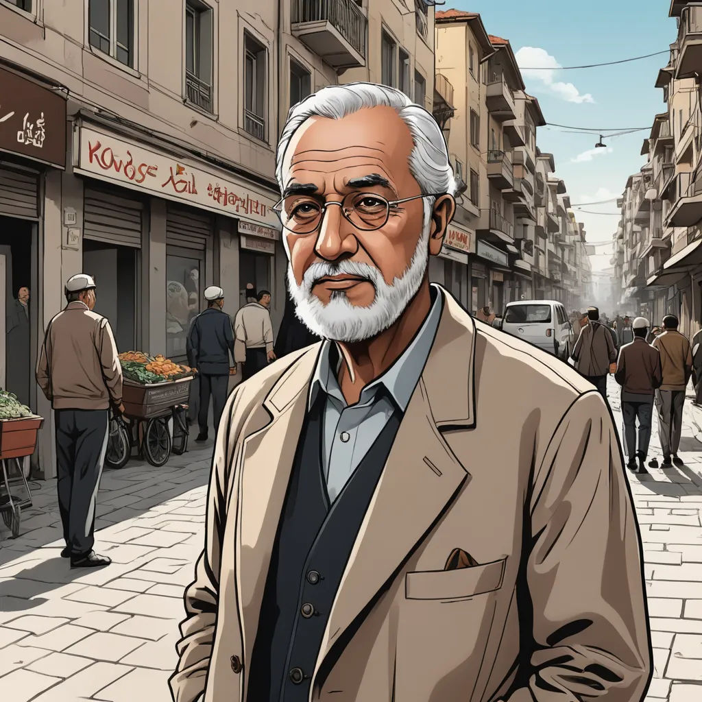 a man with a beard and glasses standing in the street in front of a building with people walking around, serial art, a character portrait, Ahmed Karahisari, official art