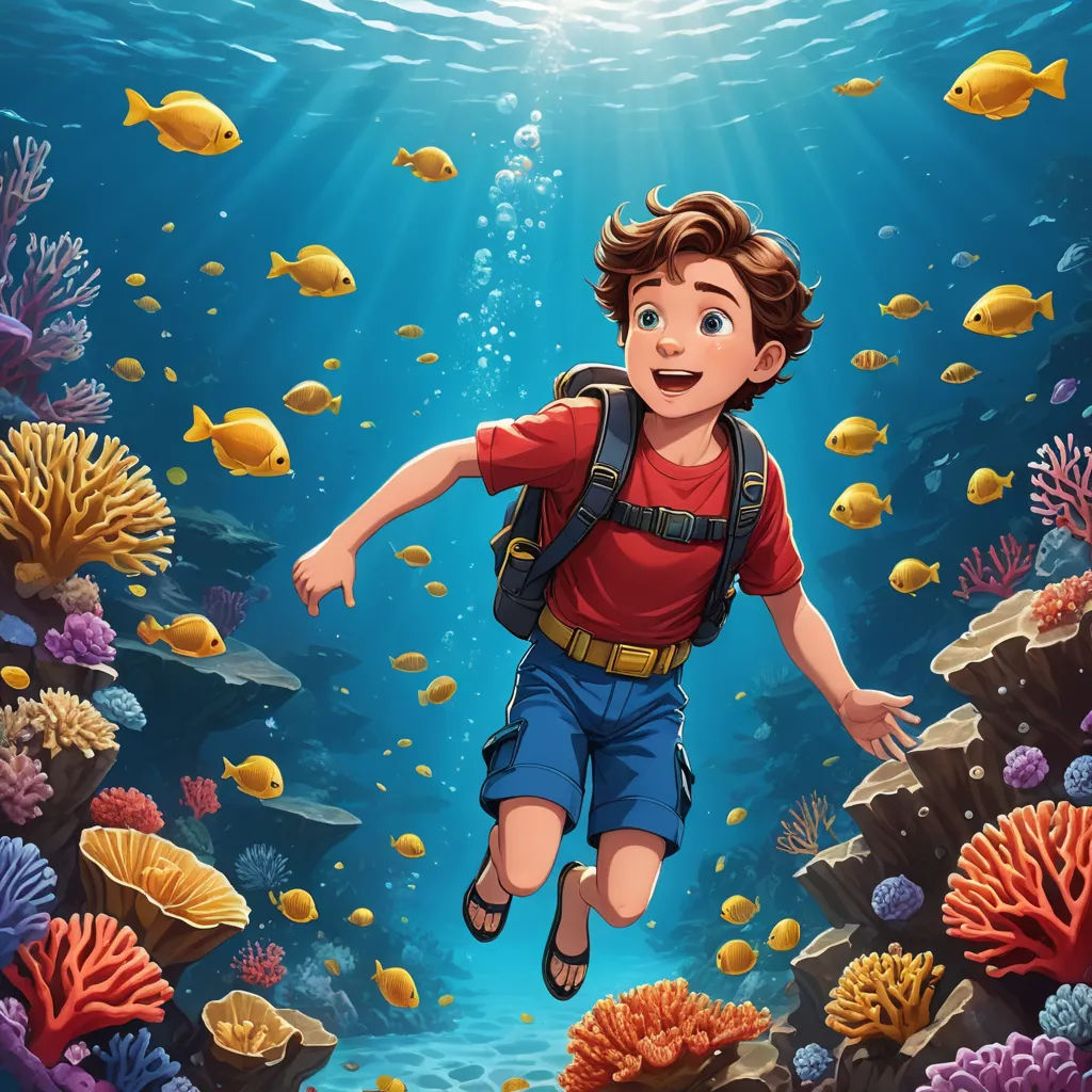 a boy is diving in the ocean with a backpack on his back and a school bag on his shoulder, fantasy art, a storybook illustration, Cliff Childs, rossdraws global illumination