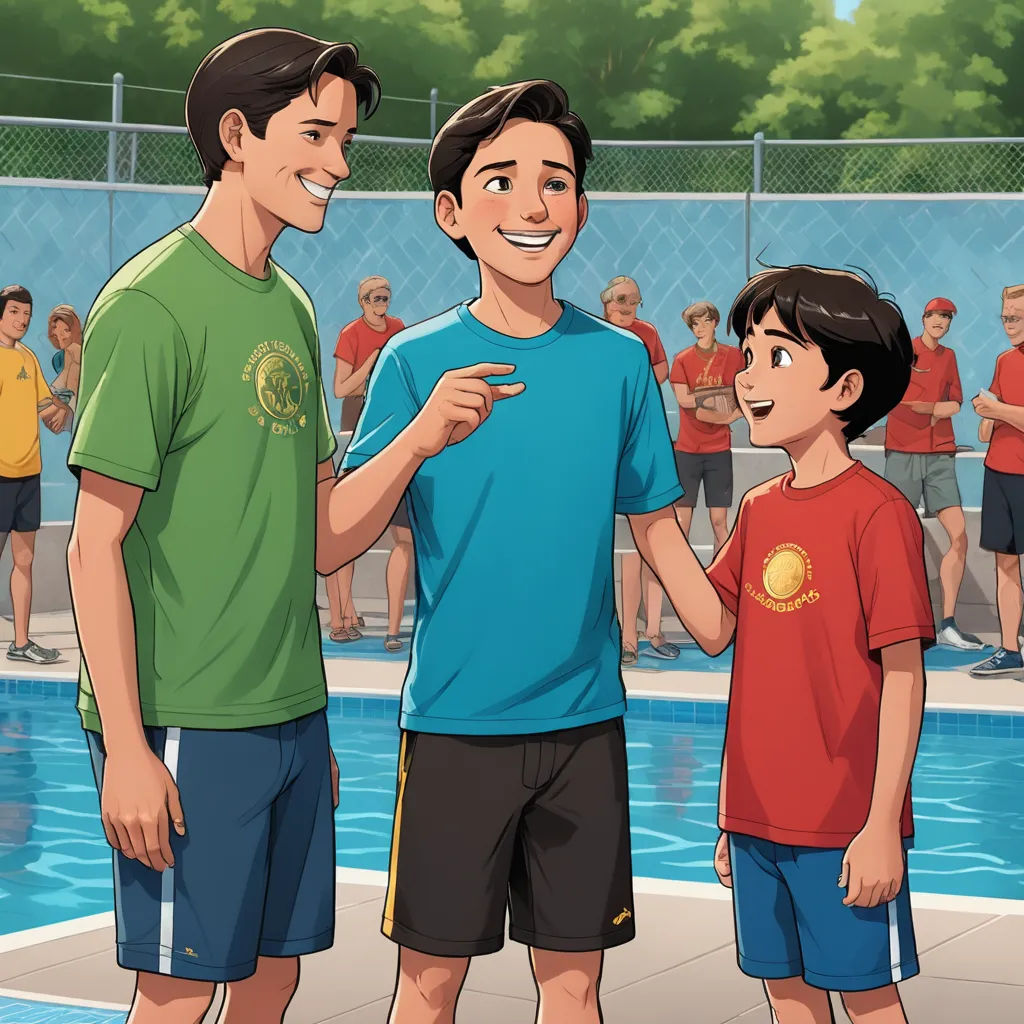 a boy and a boy standing next to each other near a pool of water with people watching them from the sidelines, american scene painting, a storybook illustration, Brothers Hildebrandt, graphic novel