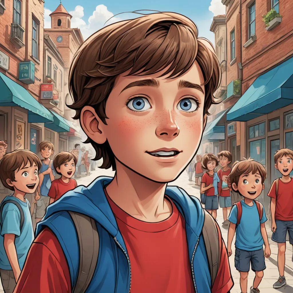 a boy with a backpack is looking at the camera while a group of children stand in the background in a cartoon, magical realism, a storybook illustration, Aaron Jasinski, graphic novel