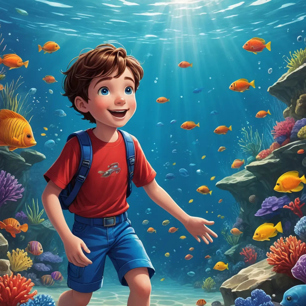 a boy is standing in the water with a backpack on and a fish in the background that is underwater, sots art, a storybook illustration, Cliff Childs, storybook illustration