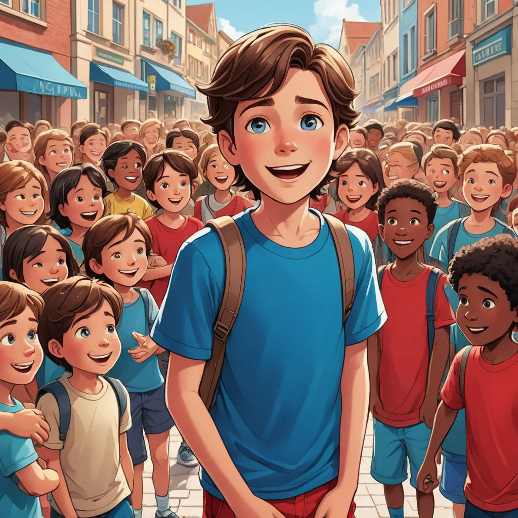a cartoon of a boy standing in front of a crowd of children in a city street with buildings and a blue sky, paris school, a storybook illustration, Cedric Seaut (Keos Masons), rossdraws global illumination