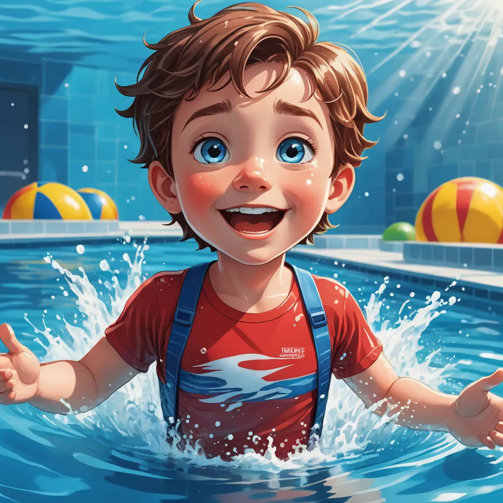 a boy in a swimming pool with a ball in the background and a ball in the water behind him, photorealism, a storybook illustration, Cyril Rolando, highly detailed digital painting