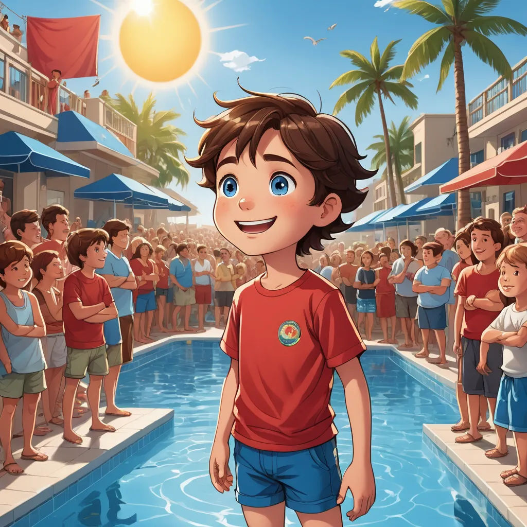 a boy standing in front of a pool with a crowd of people watching him from the sidelines of the pool, fantastic realism, a storybook illustration, Cliff Childs, official art
