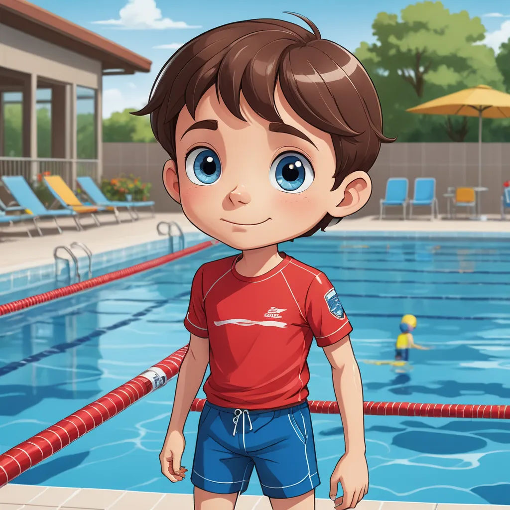 a boy standing in front of a swimming pool with a life preserver in the background and a life preserver in the foreground, sots art, a character portrait, Cedric Seaut (Keos Masons), official art
