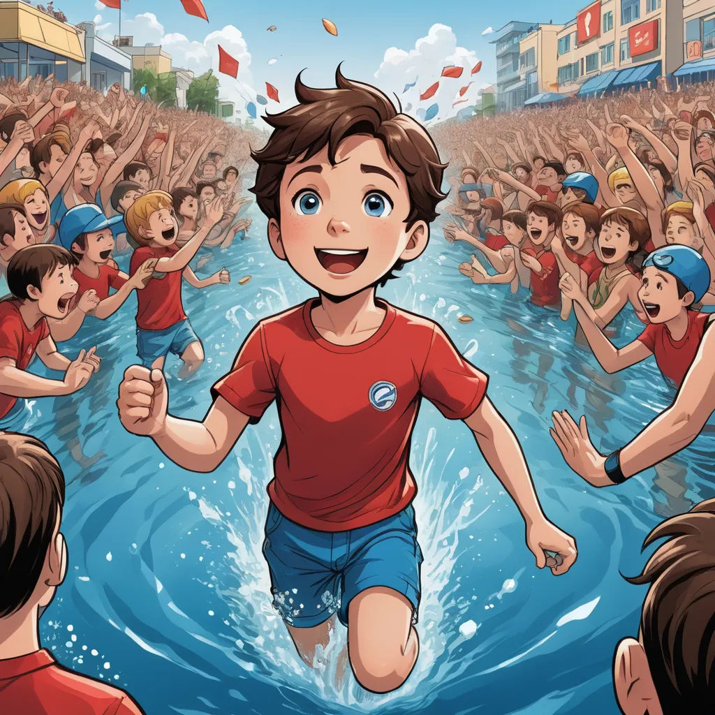 a boy is running through a flooded street with his hands in the air and people in the background watching, socialist realism, a storybook illustration, Asaf Hanuka, graphic novel