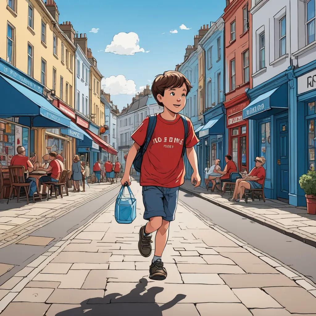 a boy walking down a street with a bag in his hand and a backpack on his shoulder, in front of a row of buildings, photorealism, a storybook illustration, Asaf Hanuka, official art
