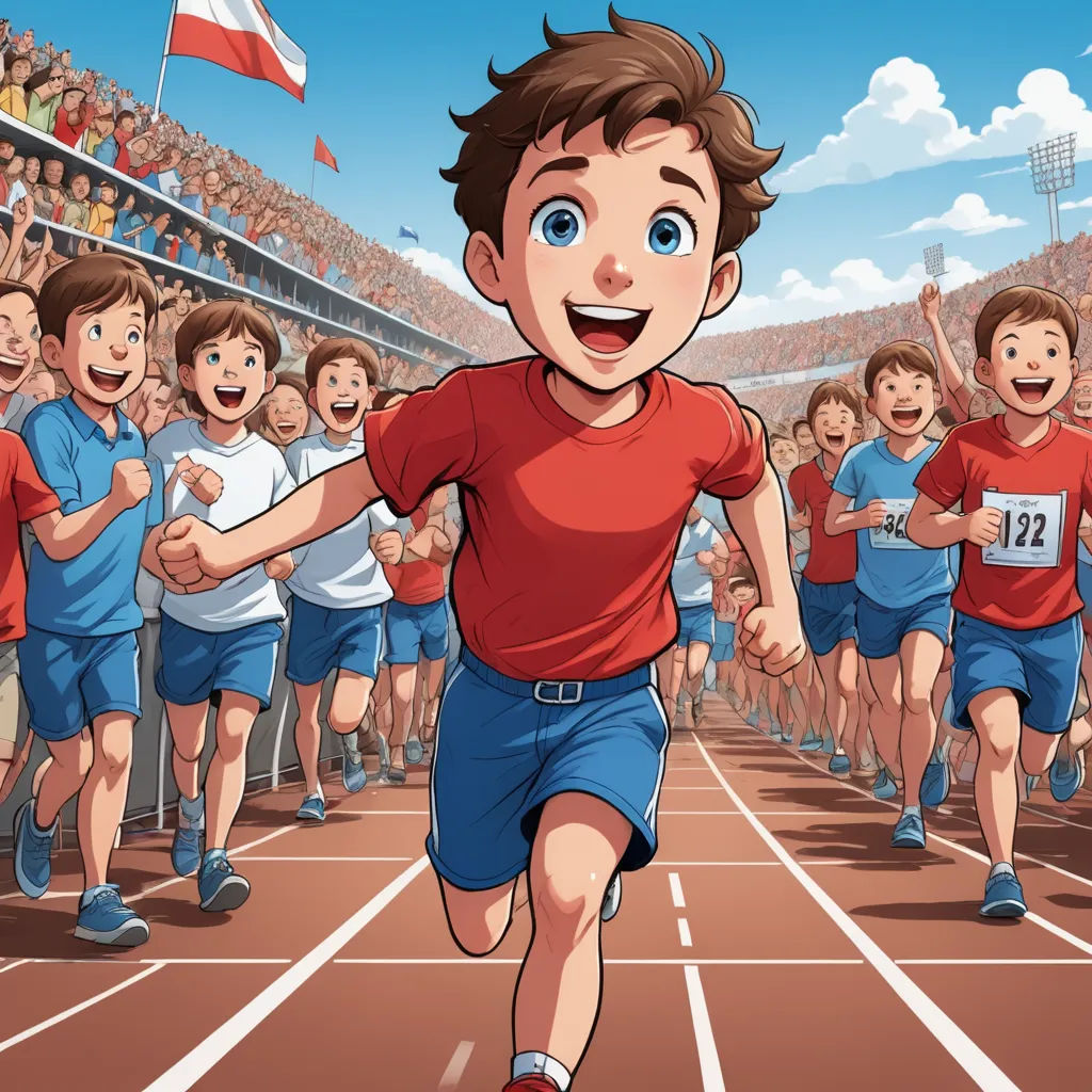 a boy running in a race with a crowd of people behind him and a flag flying in the air, danube school, a storybook illustration, Adam Marczyński, comic cover art