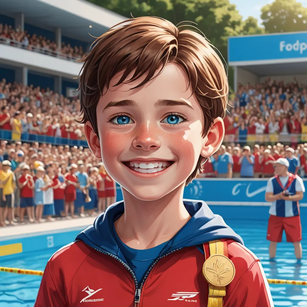 a cartoon of a boy with a medal around his neck and a crowd of people behind him watching him, photorealism, a storybook illustration, Aaron Jasinski, highly detailed digital painting