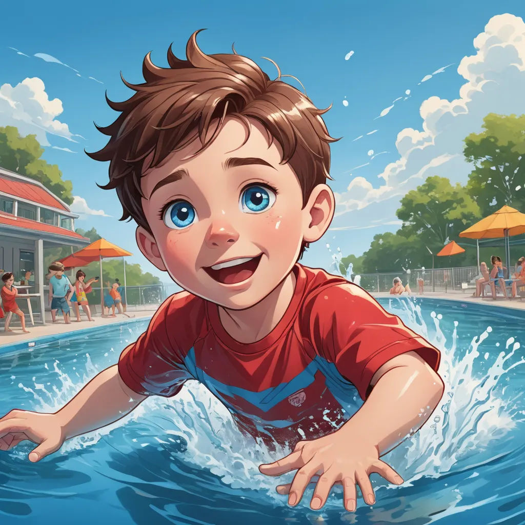 a boy is swimming in a pool with people in the background and a building in the background with a red roof, sots art, a storybook illustration, Cliff Childs, kinkade