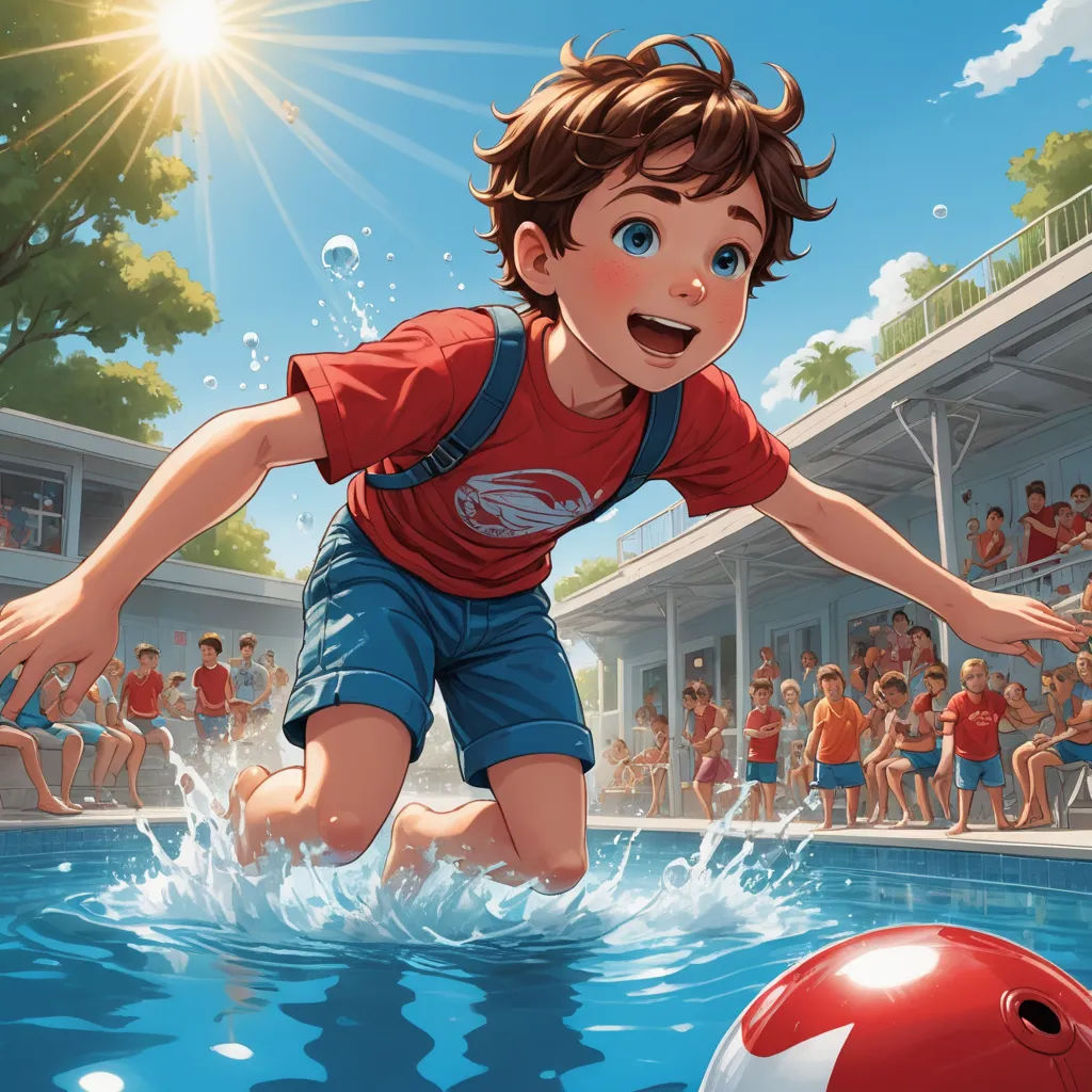 a boy is jumping into a pool with a ball in front of him and a crowd of people watching, american scene painting, a storybook illustration, Chris Rallis, rossdraws global illumination