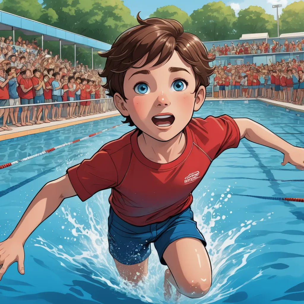 a boy is running in a pool with a crowd of people watching him from the stands behind him and a crowd of people watching him, sots art, a comic book panel, Cedric Seaut (Keos Masons), official art