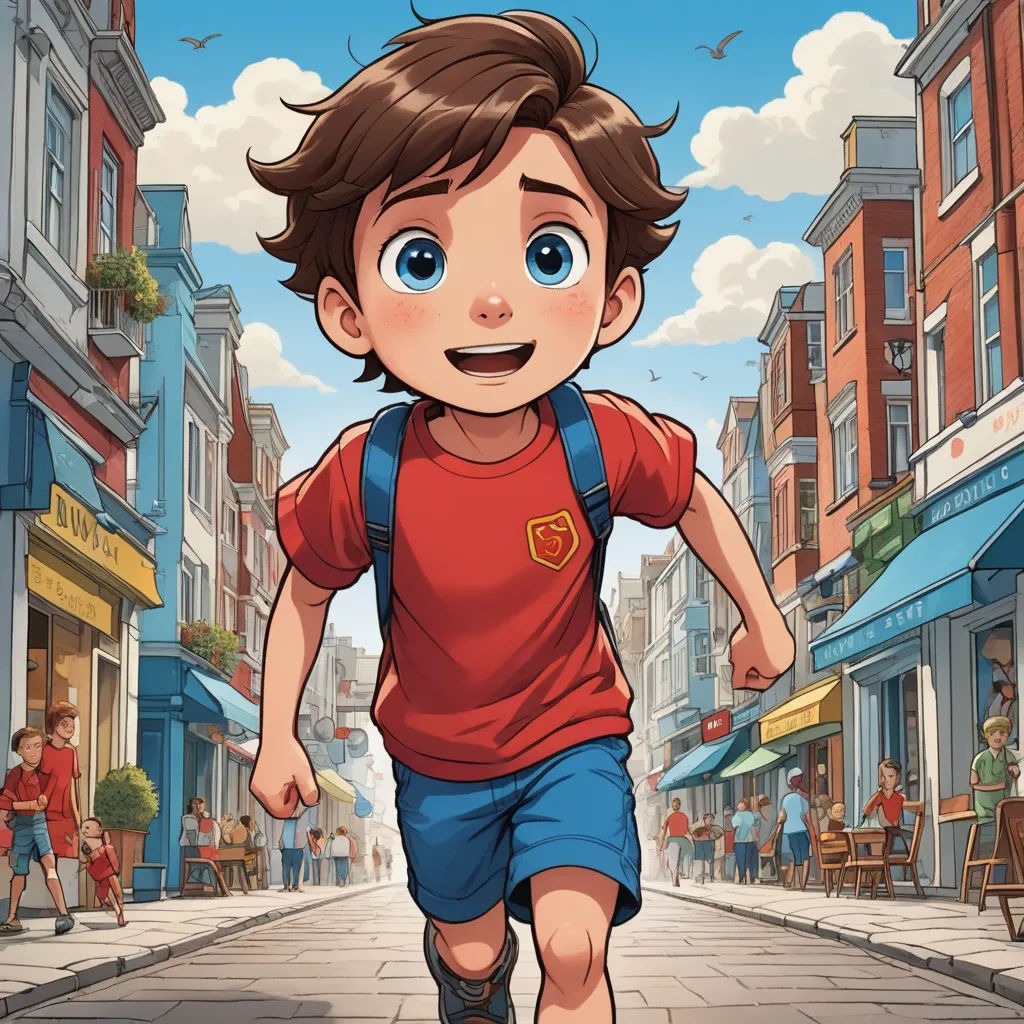 a boy running down a street in a cartoon style with a city background and buildings in the background, with a sky background, lyco art, a comic book panel, Cedric Seaut (Keos Masons), comic cover art