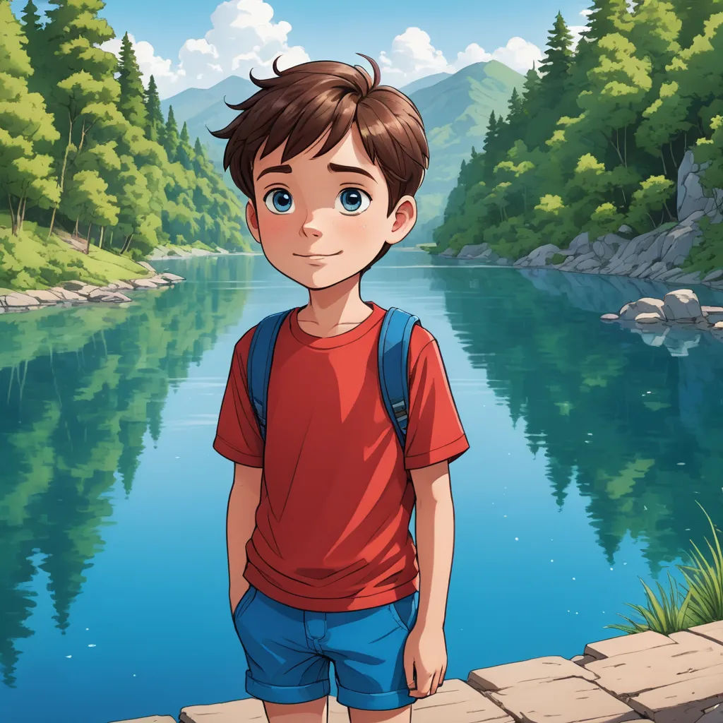 a boy standing on a stone walkway near a river with a forest in the background and a mountain in the background, sots art, a storybook illustration, Diego Gisbert Llorens, official art