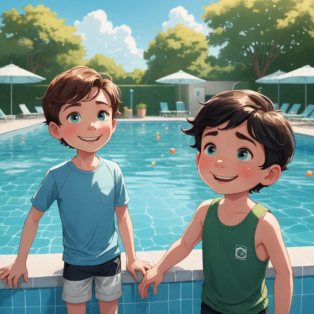 two boys standing next to a swimming pool holding hands and smiling at the camera, with umbrellas in the background, sots art, a storybook illustration, Diego Gisbert Llorens, rossdraws global illumination