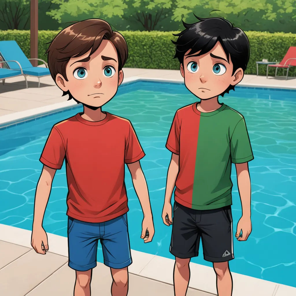 two boys standing in front of a swimming pool with a pool chair in the background and a pool with a blue chair in the foreground, sots art, a comic book panel, Adam Dario Keel, official art