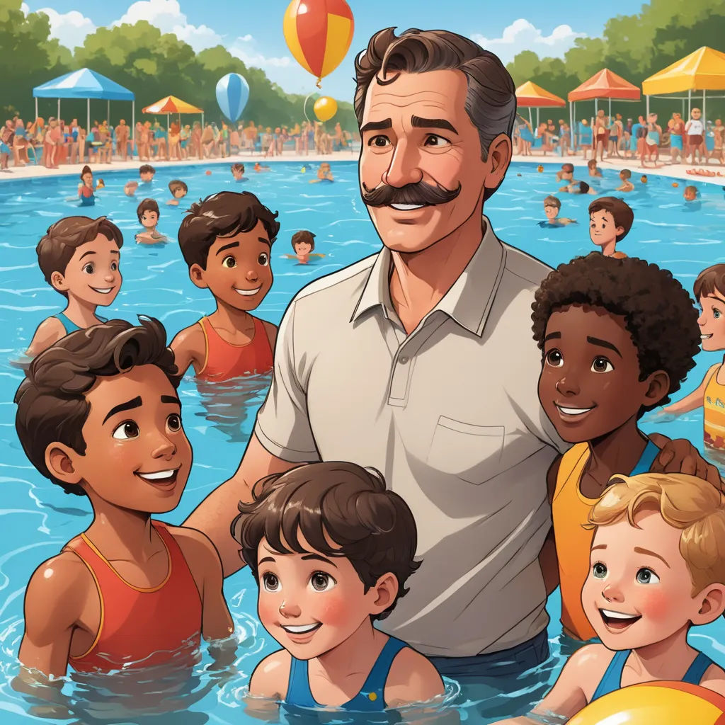 a man standing in a pool surrounded by children and a man with a mustache on his head and a ball in his hand, american realism, a storybook illustration, F Scott Hess, trending on furaffinity
