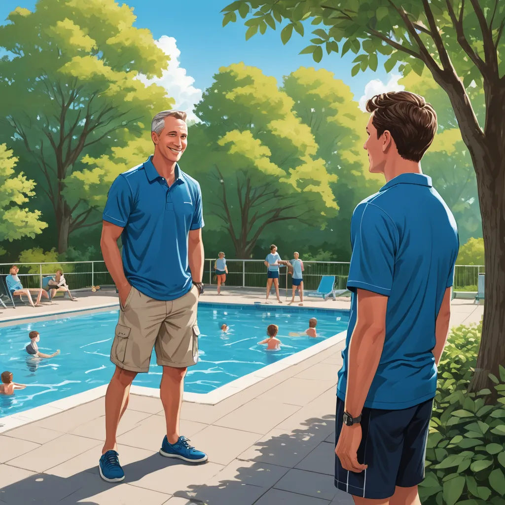 a painting of a man standing next to a pool talking to another man in a blue shirt and tan shorts, american scene painting, a storybook illustration, Colin Middleton, official art