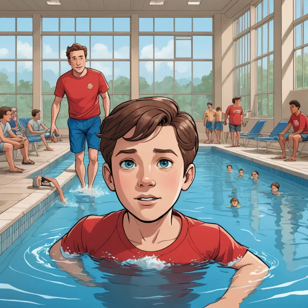a boy in a swimming pool with a man in the background watching him from the sidelines of the pool, sots art, a storybook illustration, Asaf Hanuka, graphic novel