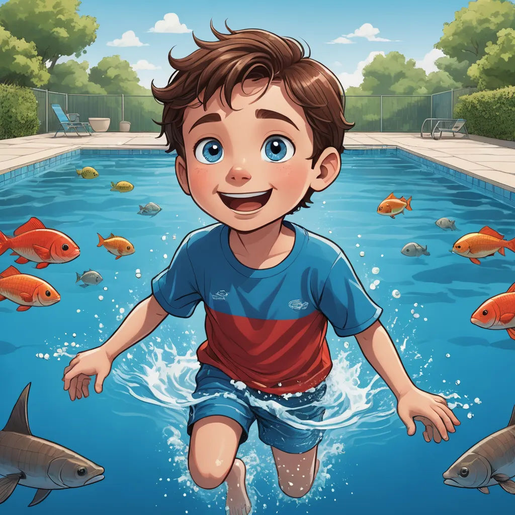 a boy is playing in a pool with fish around him and a fence in the background with a fenced in area, sots art, a storybook illustration, Diego Gisbert Llorens, storybook illustration