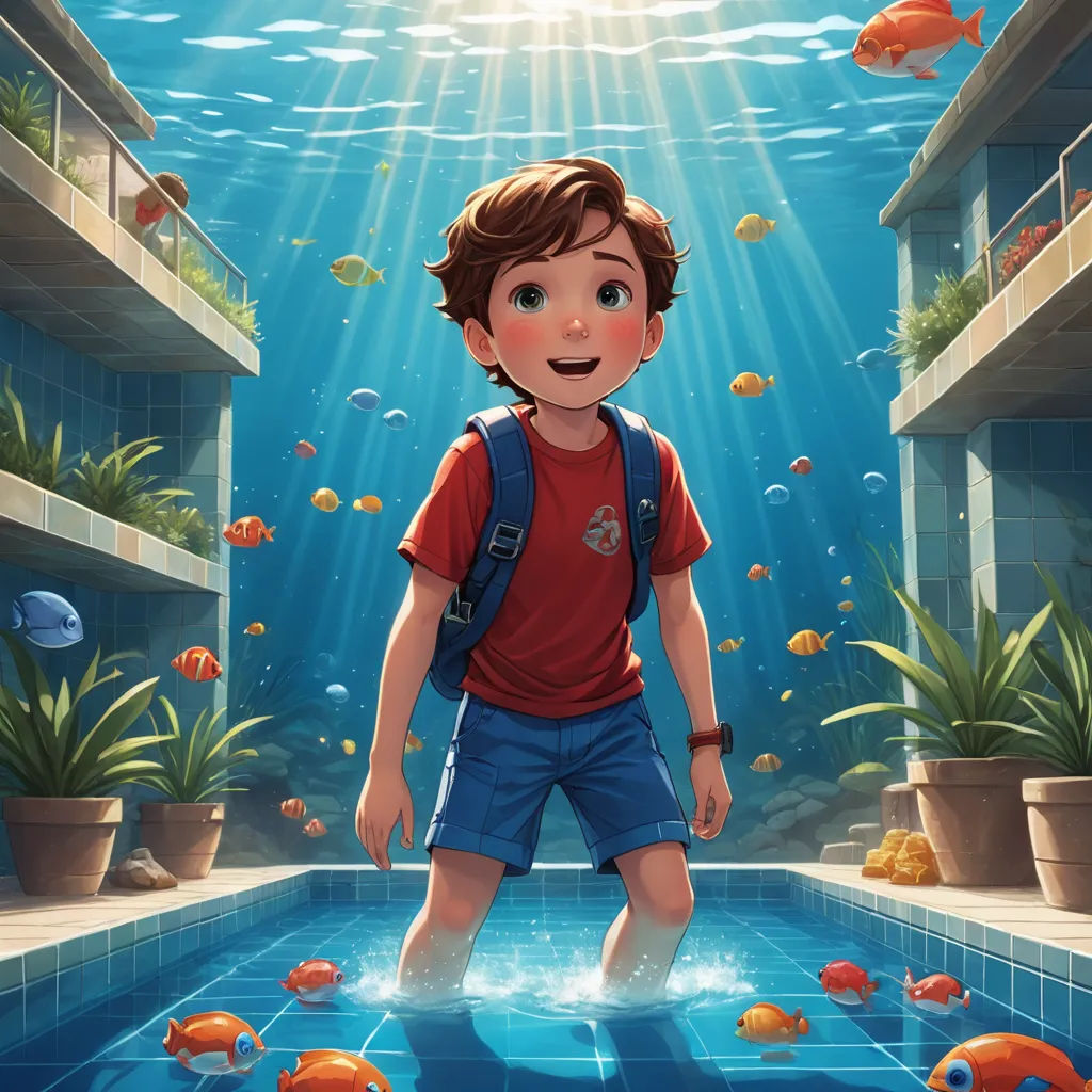 a boy standing in a pool surrounded by fish and plants in a building with a sky background and sunlight coming through the windows, photorealism, a storybook illustration, Aaron Jasinski, rossdraws global illumination