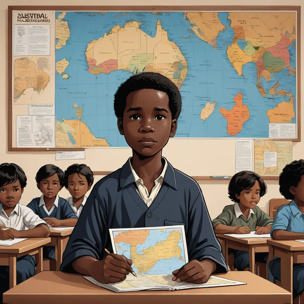 a boy is standing in front of a classroom with a map on the wall and a book in his hands, serial art, a detailed painting, Albert Namatjira, detailed illustration